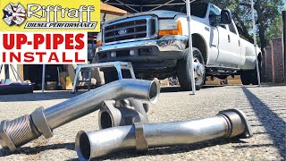 2001 F350 73  RiffRaff UpPipes Install  Stock up pipes leaking and falling apart JUNK SP [upl. by Woodrow]